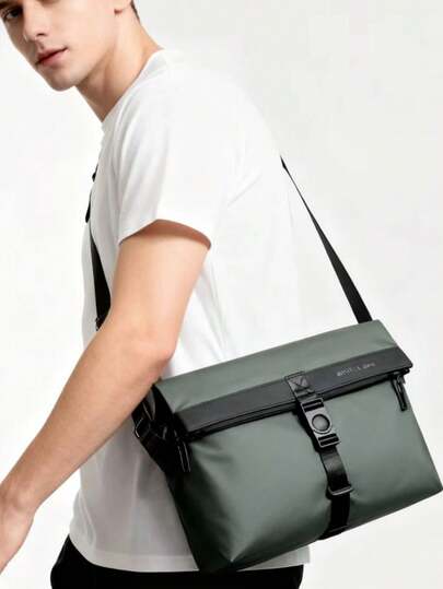1pc Military Green PU Leather Minimalist Casual Sports One Shoulder Bag, Solid Color Fashionable Crossbody Bag, Men's Commuter Bag, College Student School Backpack, Multi-Functional, Water-Resistant, Large Capacity, Lightweight, Adjustable Strap, Fits Phone, Tablet, Files, Books, Glasses, Ideal For Work, Dating, Travel, Sports, Casual, Business, Gift For Men, Male Accessories, Gift For Boyfriend, Students, High School, College