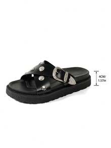 纯色时尚女鞋，朋克风金属铆钉搭扣凉鞋，金属铆钉交叉绑带厚底拖鞋，休闲夏季拖鞋 - 黑色 - 查看 7