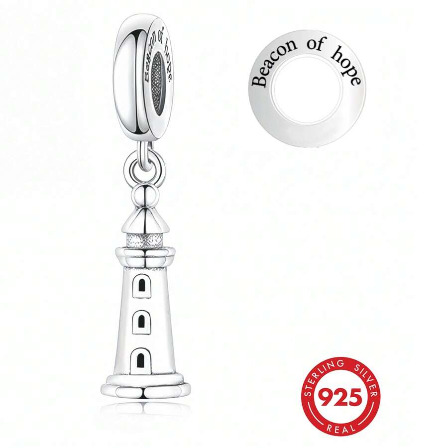 1 pieza Colgante de faro de plata de ley 925 grabado con "Luz de esperanza", joya inspiradora de cuentas DIY unisex como regalo - Plateado - Ver 1