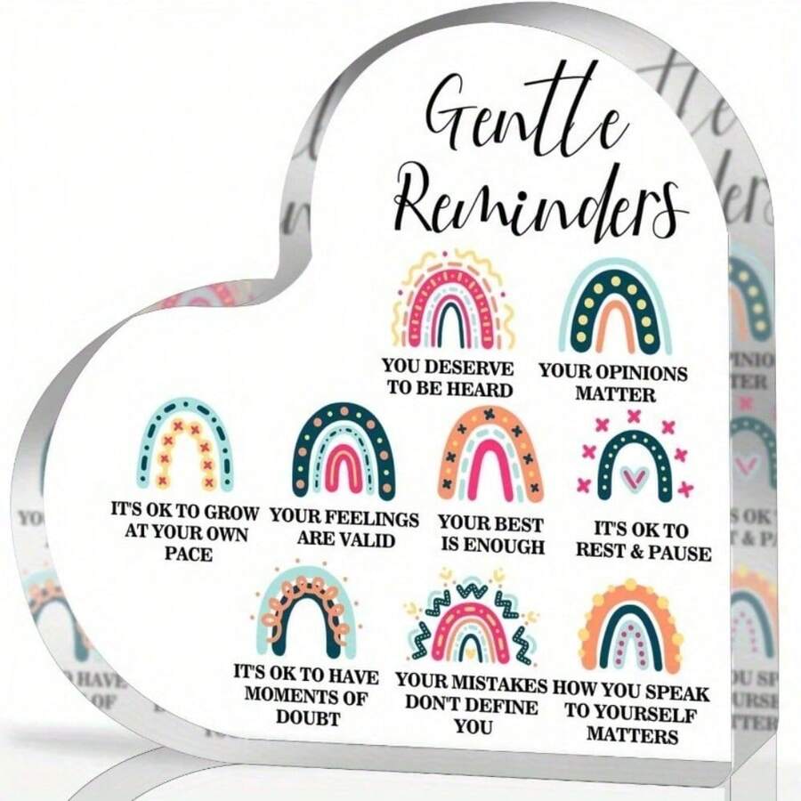Gentle Reminders Decor, Positive Affirmations Desktop Art Decorations For Home Therapy Office School Counselling Office Mental Health Awareness Gifts, Heart Shape Acrylic Rainbow Sign Decor Collectible Figurines - 1PC - View 1