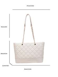 Tas Tote Berbahan Quilted dengan Tali Rantai Emas, Tas Bahu Bermotif Berlian Elegan, Luas untuk Kerja, Perjalanan, dan Penggunaan Kasual Sehari-hari. - Putih - View 7