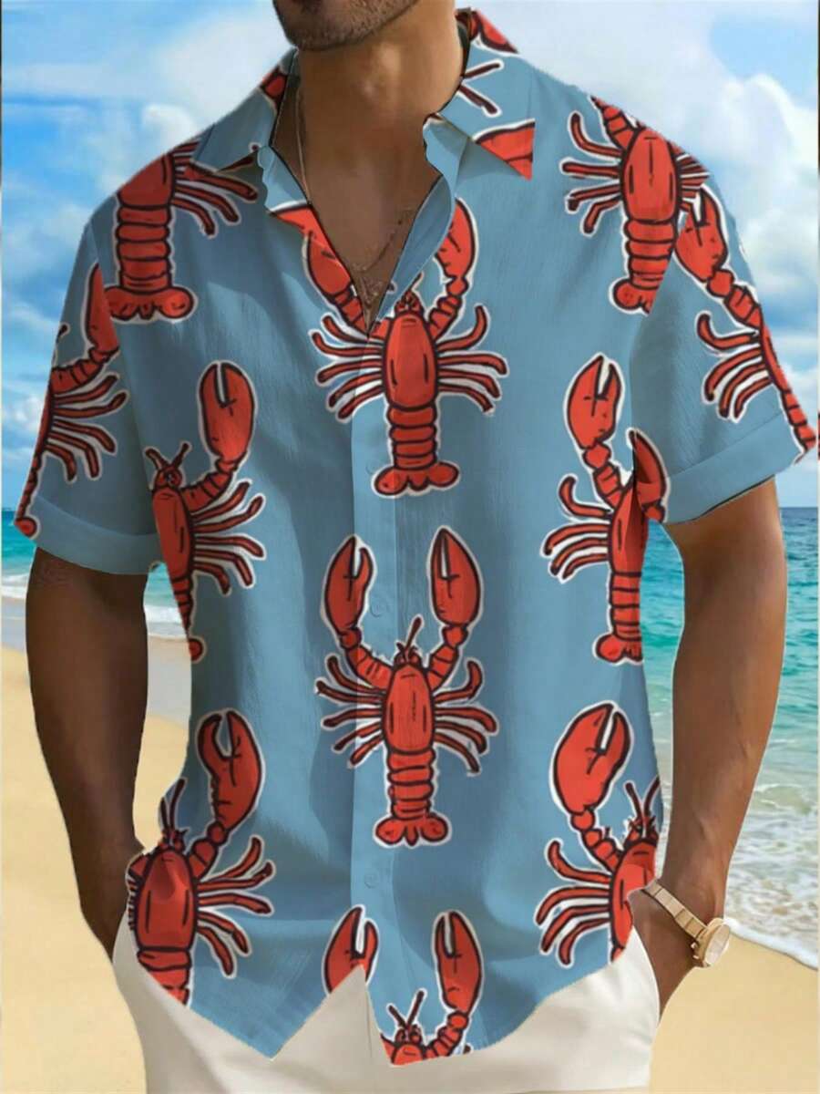 3D Printed Men'S Hawaiian Shirt Featuring Vivid Red Lobsters Symbolizing Ocean Vitality Freedom And Good Fortune On A Calm Sea Blue Background Perfect For Beach Vacations - 白色 - 查看 1