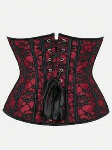 Court Retro Bohemian Red & Black Lace Waist Cincher Corset, Front Buckle Back Lace-Up Shaping Top, Sexy Hot Girl Outfit For Halloween Party - Burgundy - View 16