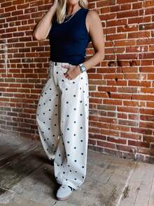 Pantalones vaqueros de mujer estilo barril con estampado de lunares, pantalones vaqueros sueltos de primavera, pantalones casuales holgados, pantalones de moda de pierna ancha - azul cielo - Ver 3
