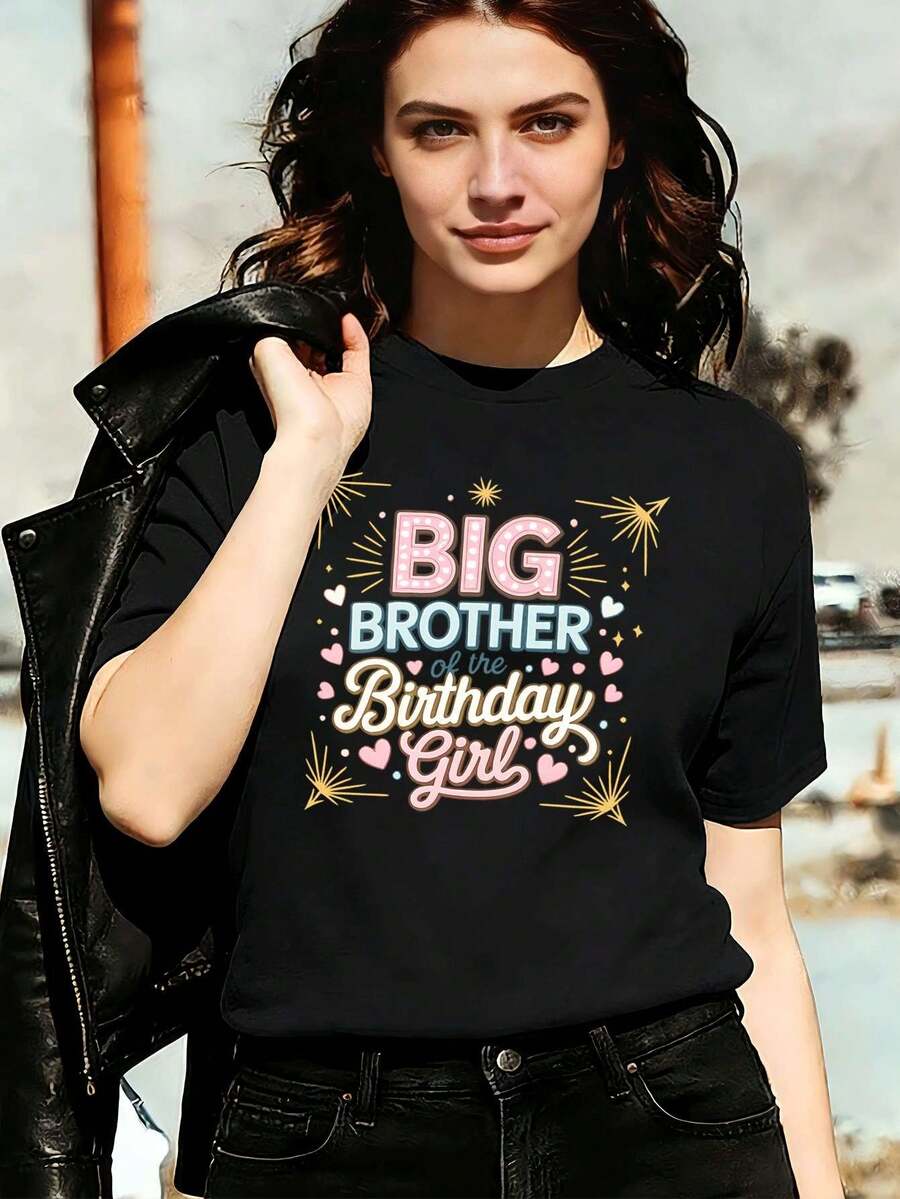 Maglietta "Big Brother Birthday Girl" in morbido cotone, vestibilità comoda, stile street hip-hop, confortevole, con grafica accattivante. - nero - Visualizzare 1