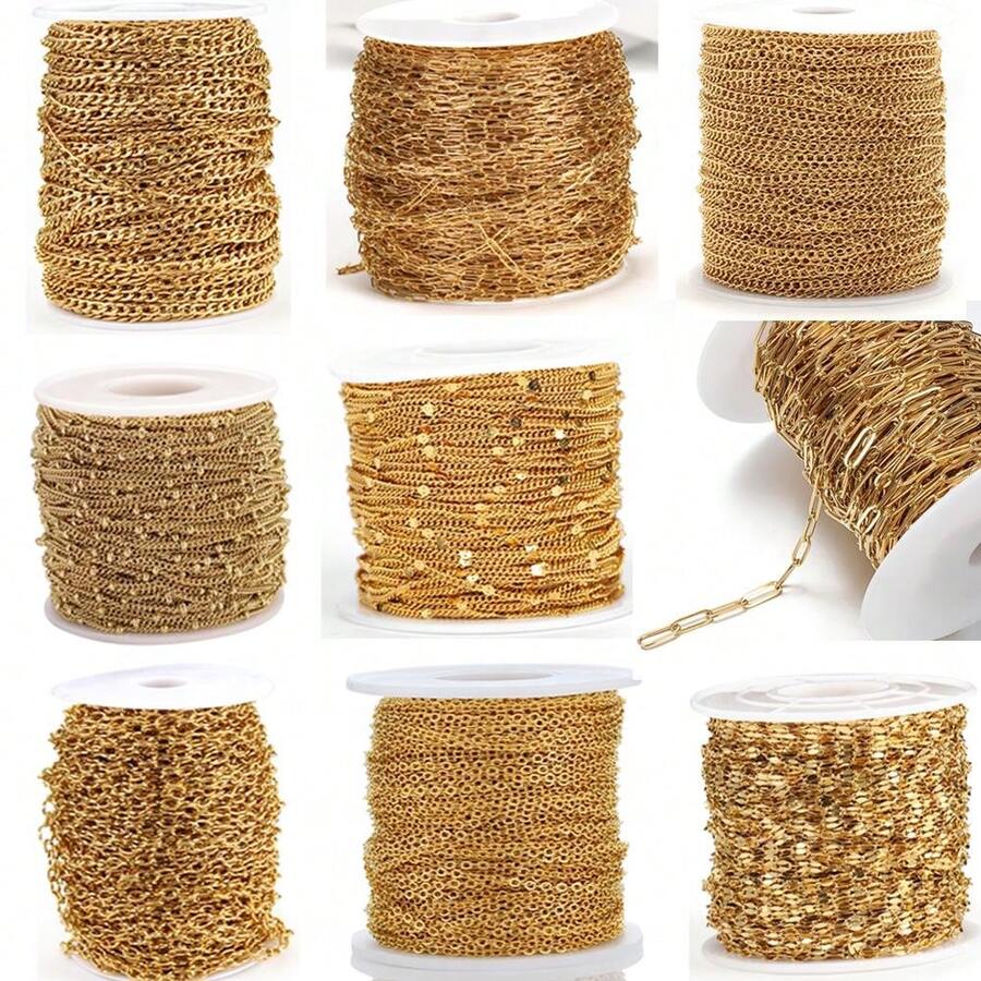 2m Gold Stainless Steel NK Chain, Lip Sequin Beaded Chain, Long Frame Cross Chain, Suitable For Handmade DIY Jewelry Making Necklace Bracelet Accessories - 2 Meters - View 1