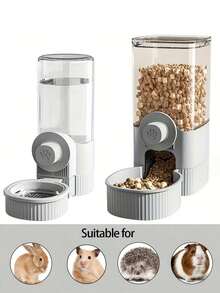 Distributeur automatique de nourriture et d'eau pour animaux de compagnie, bol/abreuvoir pour animaux de compagnie en plastique durable à suspendre, distributeur d'eau et de nourriture à grande capacité alimenté par gravité, sans alimentation électrique nécessaire, installation facile, conception hygiénique, étanche, amovible, convient aux petits/moyens chiens, chats, lapins, hamsters, gris - Gris - Voir 12