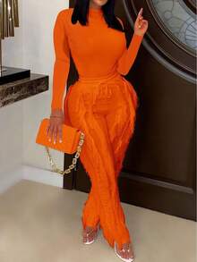 CALEBGAR Women's Sexy Two Piece Outfits Long Sleeve Fringe Pants Set Clubwear Going Out Birthday Party Night Outfits - 橘色 - 查看 8