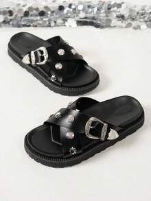 纯色时尚女鞋，朋克风金属铆钉搭扣凉鞋，金属铆钉交叉绑带厚底拖鞋，休闲夏季拖鞋 - 黑色 - 查看 6
