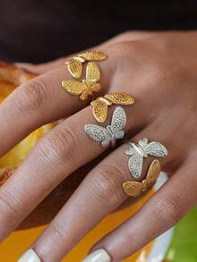 Uself 3pcs/Set Stainless Steel Delicate Butterfly Design Stackable Asymmetrical Rings, Women's Party & Holiday Accessories, Women Rings, Female Jewelry - Multicolor - View 5