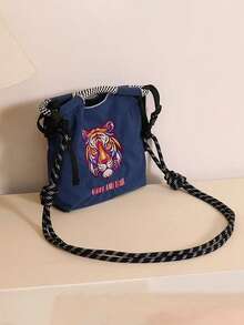 1pc New Fashion Embroidered Mini Cute Tiger Head Pattern Foldable Nylon Tote Bag, Adjustable Shoulder Strap, Suitable For Commuting, Party, Shoulder/Crossbody - Multicolor - View 4
