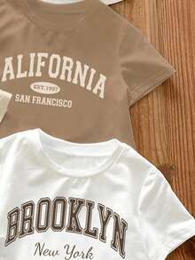 4pcs Cream & Beige Vintage Letter Graphic Round Neck Short Sleeve Basic T-Shirts - Multicolor - View 4