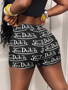 Quần short nữ cạp cao in chữ và số kiểu retro, quần short thể thao gợi cảm, thoải mái cho những chuyến đi chơi mùa hè. - Nhiều màu - Xem 3