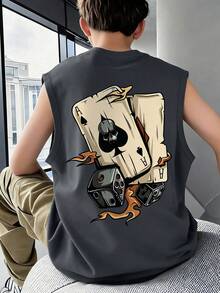 Boys' Loose Vintage Street Style Sleeveless Top With Cool Black Spade Skull Dice Pattern, Soft And Comfortable Fabric, Suitable For Summer School And Street Style - Dark Grey - View 7