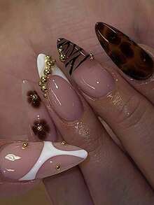 24pcs/Set French Almond Shaped 3D Gel Nail Stickers, Lemon, Cute Fish, Blue Plaid, Bow Decor, Full Coverage Press-On Nails, Ladies & Girls Party, Date, Holiday Nail Supplies - 多色 5 - 查看 8