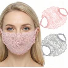 Grevosea 2 Pack Lace Face Masks, Breathable Mesh Half Face Cover Mesh Hollow Faces Shield Mask Protection For Women Pink Grey - 粉紅色+灰色 - 查看 7