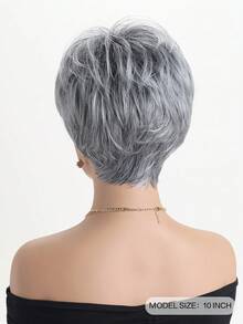 Women's Fashionable Concise 10-Inch Silver Grey Side-Swept Bangs Short Curly Synthetic Fiber Wig Wavy Hairstyle With A Side-Swept Bangs, Styled To Be Voluminous And Well-Shaped Suitable For Daily Wear - Silver-gray - View 5