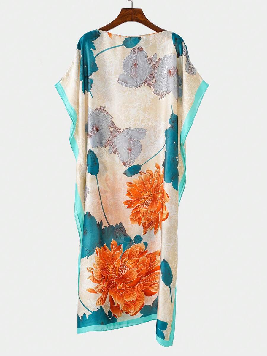 1pc Women's Elegant Floral Print Faux Silk Cover Up Shawl, Lightweight Breathable Satin Kimono Robe For Spring/Summer Beach, Vacation, Sun Protection,Holiday - Lake Blue - Chrysanthemum - View 1
