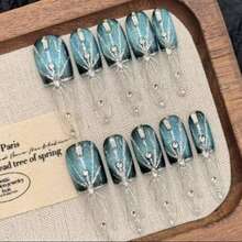 10片闪亮蓝绿色猫眼美甲贴片，优雅银色网状和钻石细节，可重复使用，适合派对和日常佩戴。 - 藍色 - 查看 6