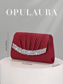 OpulAura 秋冬假日褶皱迷你手拿包。这款优雅时尚的信封式手提包镶嵌闪亮水钻，尽显奢华魅力，专为女性设计，适合派对、婚礼和正式场合。它是参加派对、婚礼、毕业典礼和盛大晚宴的女性的理想之选，也是一份精美的礼物。 - 酒紅色 - 查看 5