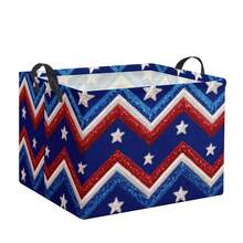1pc Patriotic Red White Blue Glitter  Star Print Foldable Storage Basket With Handle, Large Capacity Fabric Storage Bin For Clothes Toys, USA 4th Of July Home Organizer Box For Closet Bedroom Living Room, Patriotic Decor - Multicolor - View 7