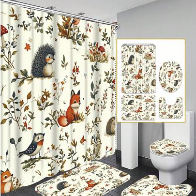 Bộ 4 món rèm tắm họa tiết động vật rừng, phong cách đồng quê cổ điển, bao gồm 12 móc treo, kích thước 72"x72", kèm theo bọc bồn cầu, thảm tắm và thảm trải sàn; được làm từ vải polyester chất lượng cao, có thể giặt và chống nấm mốc, thích hợp để trang trí ngày lễ, phòng tắm, phòng ngủ, phụ kiện phòng tắm, trang trí nhà bếp, rèm cửa phòng ngủ phong cách miền Tây, nhà ở phong cách miền Tây và trang trí chủ đề Ngày của Mẹ.