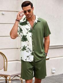 Men's Short Sleeve Printed Shirt Set - Army Green - View 5
