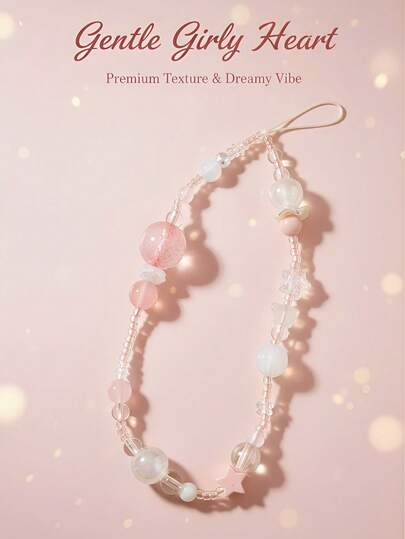 1pc Sweet Girl Style Pink & White Gradient Phone Lanyard, Girly Star Crystal Beaded Anti-Lost Phone Strap. Due To Shooting Angle And Magnification, The Actual Size May Slightly Differ From The Photo. Phone Decor, Phone Accessory, Smartphone Wrist Strap