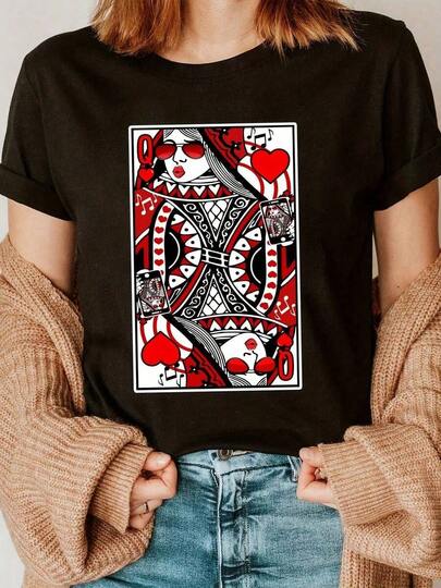 Plus Size - Plus Size - Plus Size Women'S Short-Sleeve Round Neck T-Shirt With A 'Queen Of Hearts' Playing Card Print For Spring And Summer