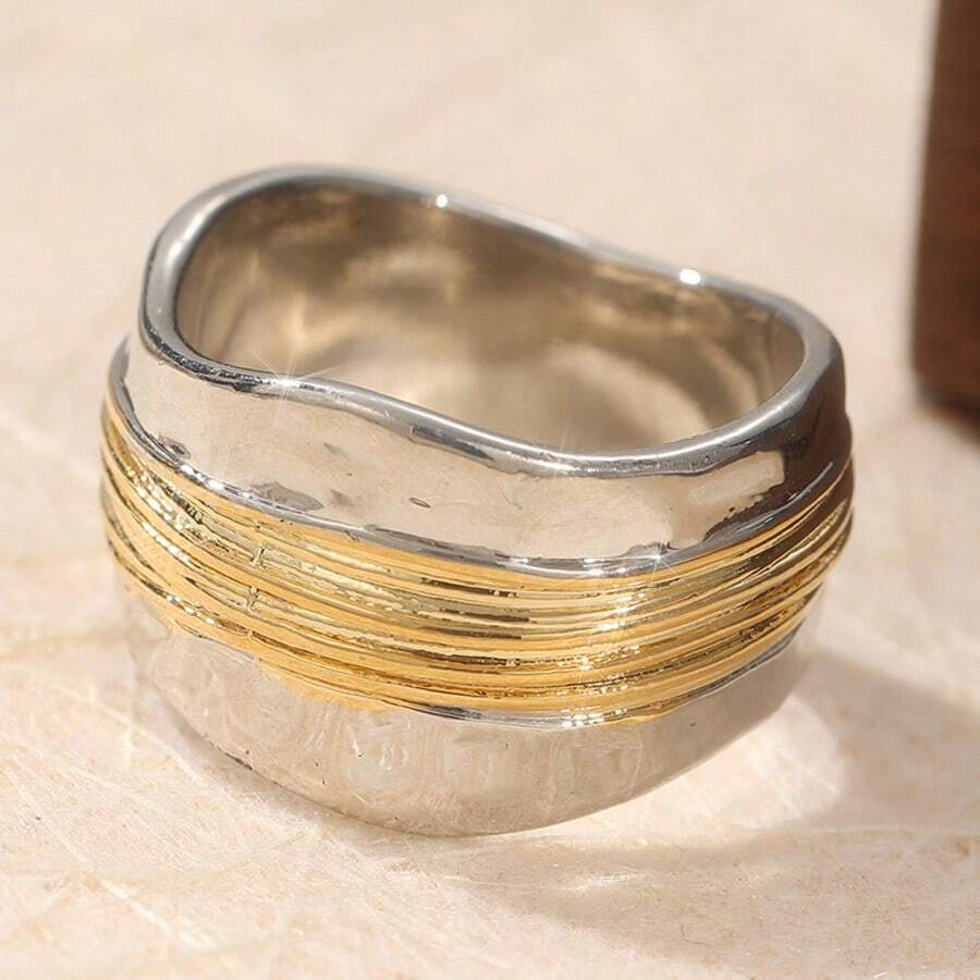 复古简约双色电镀铜戒指，波西米亚风女式戒指，适合旅行、派对等各种场合佩戴，是完美的节日礼物。 - 銀色 - 查看 1