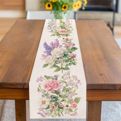 1 pieza Elegante camino de mesa de acuarela floral con rosas rosadas, rosas blancas, margaritas y lilas - Decoración de mesa de comedor y cocina con tema de primavera en tonos pastel suaves, tela para mesas de té, corredores de bufé, centros de mesa