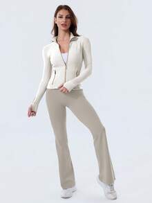 Women's High Stretch Slim Fit BBL Jacket Gold Zip Up Stand Collar Thumb Hole Activewear Top Multi Color Gym Workout Casual Wear - 象牙色/金色 - 查看 3