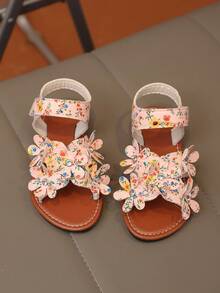 1 Pair Girls' Floral Decor PU Sandals, Soft Sole Non-Slip Wear-Resistant Open Toe Design, Flat Low Heel, Sweet Fresh Style, Children's Sandals For Daily, School, Outdoor, Beach, Summer Breathable & Comfortable - Pink - View 2