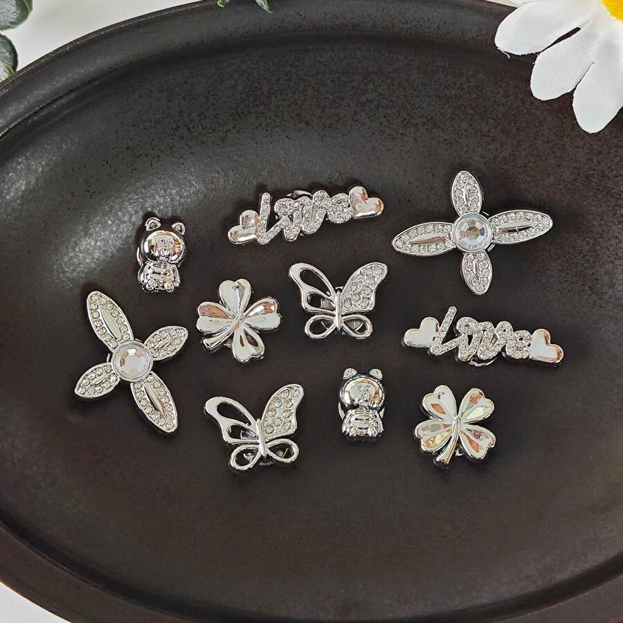 10件套DIY鞋饰挂件 - 闪亮星爆、字母、花朵、蝴蝶,非金属轻质材料,Y2K时尚百搭可爱男女通用,适用于EVA沙滩鞋、凉鞋,可拆卸鞋饰,节日礼物 - 銀色 - 查看 1