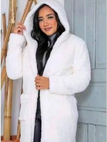 Women's Teddy Coat With Hood, Pocket, And Lining For Winter. - 白色 - 查看 2
