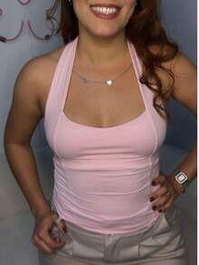 Women's Halter Cropped Top With Halter Neck And Open Back - Summer - Baby Pink - View 3