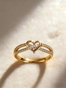 1 pièce Bague décorative en cristal en forme de cœur élégante, convenant pour le port quotidien des femmes, les fêtes, les banquets, les festivals et autres occasions - Doré - Voir 7