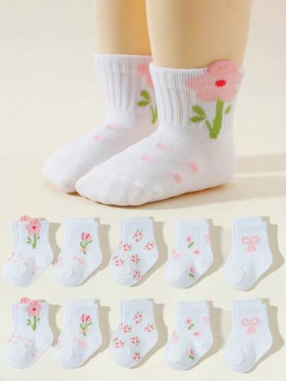 10 pares de calcetines medianos con estampado de flores para bebé, cómodos y versátiles de estilo Ins, dulces y lindos calcetines medianos, adecuados para uso diario casual y en el hogar