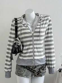 Gray & Black Striped Long Sleeve Loose Ribbed Zip-Up Sweatshirt For Women, Elegant & Cute, Suitable For School, Graduation, Casual, Sports, Daily Wear In Autumn/Winter - Black - View 10