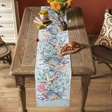 1pc Coastal Linen Table Runner - Starfish & Seashell Design, Blue Ocean Theme For Indoor/Outdoor Kitchen Decor, Holiday Party Dining Table Decoration, Kitchen Island Decor, Natural Fabric Decor(13x35.4/47.2/63/72/78.7 Inches) - Blue - View 3
