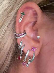 9件套优雅彩色立方氧化锆耳环套装，四叶草和水滴装饰耳钉，夹式耳环，吊坠耳环，适合女性日常、派对、宴会佩戴，节日最佳礼物 - 銀色 - 查看 1