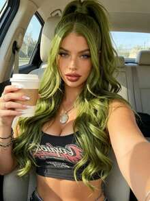 13x4英寸合成蕾丝前刘海假发，耐热透气，采用合成纤维制成，发际线自然，可自由分缝，适合派对、日常佩戴、音乐节等场合，绿色波浪刘海 - 綠色 - 查看 4