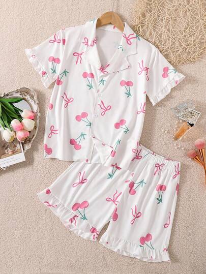 2pcs Girls Cute Bow Cherry Pattern Collar Shirt And Casual Ruffle Hem Shorts Comfortable Pajama Set