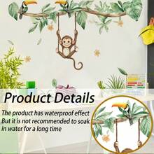 1pc Fresh Green Plant & Animal Wall Sticker, Toucan Monkey Self-Adhesive Easy To Apply Wall Decor For Kids Room - Multicolor - View 4