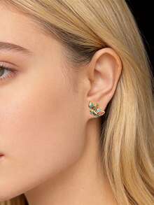 一对925纯银针珐琅滴油金鱼耳环，复古红色锆石耳环，适合女士日常及派对佩戴 - 金魚耳環 - 查看 2