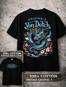 Graphic T-Shirt Vons Dutch Dragon Print Design Everyday Casual Streetwear Machine Washable Regular Fit All Season Top Weekend Outfit Playful Fashion Durable Shirt Short Sleeve Shirt(1) - 黑色 - 查看 1