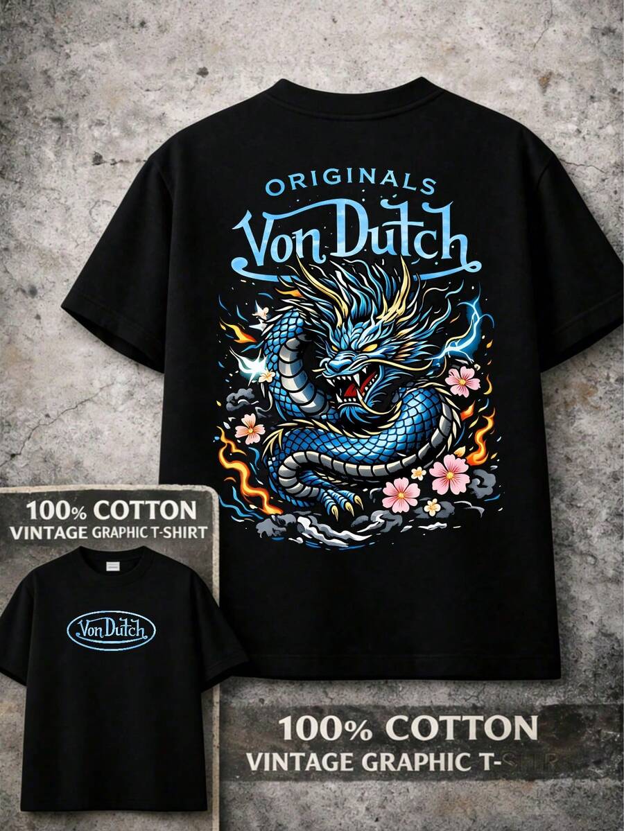 Graphic T-Shirt Vons Dutch Dragon Print Design Everyday Casual Streetwear Machine Washable Regular Fit All Season Top Weekend Outfit Playful Fashion Durable Shirt Short Sleeve Shirt(1) - 黑色 - 查看 1
