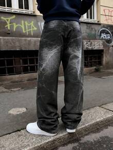 Jeans droits larges à jambe droite avec lavage délavé noir, texture craquelée brodée unique, look vintage usé artistique, pantalon décontracté américain - Noir - Voir 5