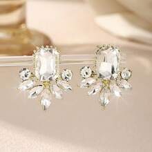 1 Pair Luxury Emerald Green Crystal Statement Earrings, Vintage Gold Plated Floral Rhinestone Studs, Elegant Party Wedding Jewelry For Women, Hypoallergenic, Formal & Daily Wear, Perfect Gift,Summer,Jewellery - Multicolor - View 9