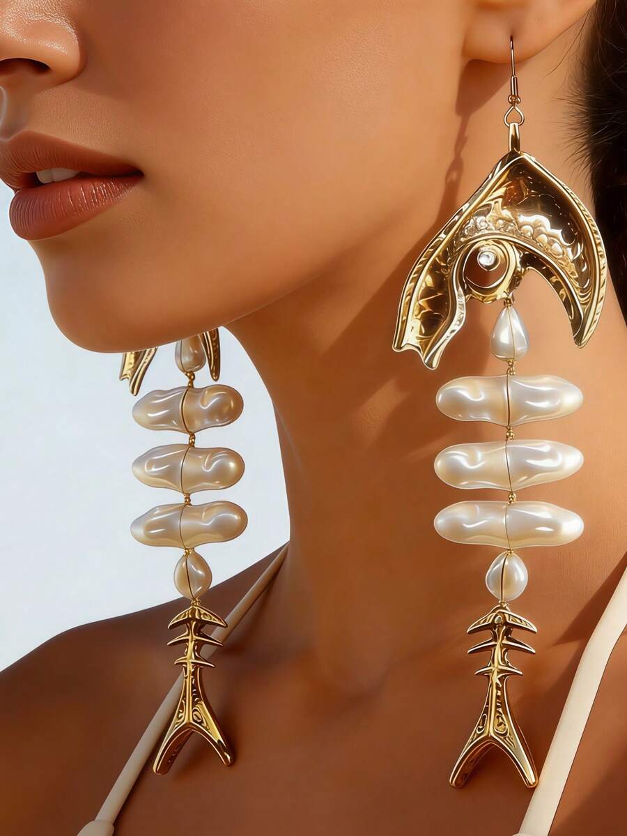 1 Đôi bông tai dài dáng dài hình xương cá, kiểu Bohemian Âu-Mỹ dành cho nữ, đính ngọc trai không đều, thích hợp cho bãi biển, tiệc tùng, lễ hội âm nhạc. - Vàng vàng + trắng - Xem 1